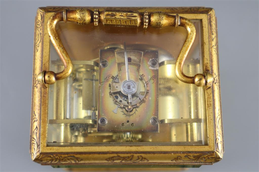 Jules, Paris. A mid 19th French engraved brass eight day striking carriage clock, height 5.5in.